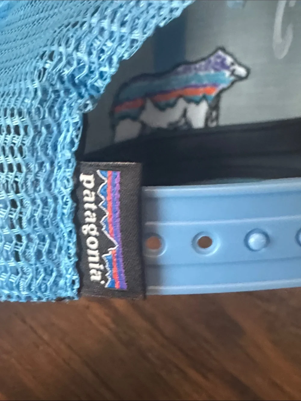 Patagonia Light Blue and Cream Kids Trucker Hat with Striped Bear Patch